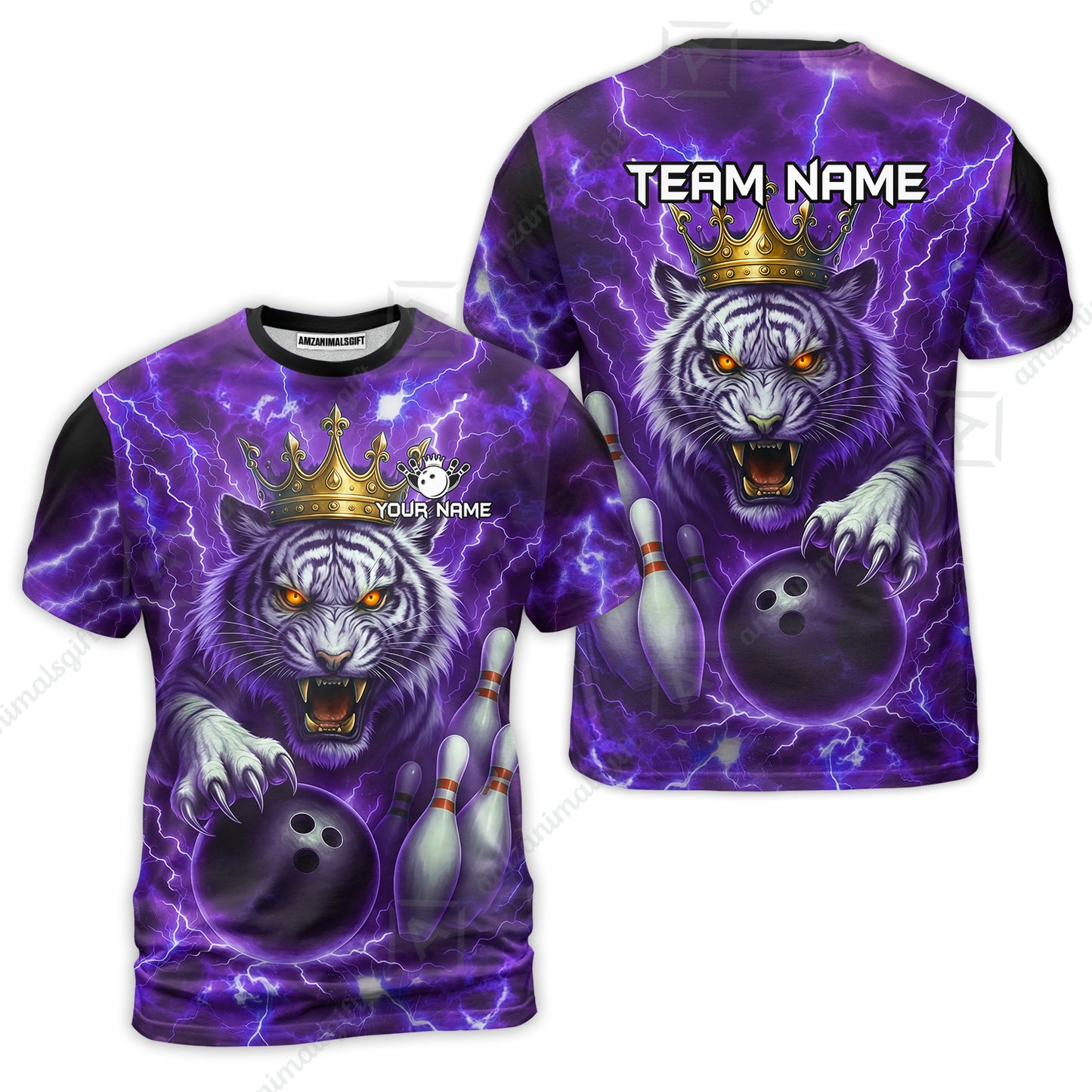 Custom Bowling Team Quarter-Zip Polo Shirt, Bowling White Tiger Lighting Shirt, Personalized Team Shirt with Custom Name