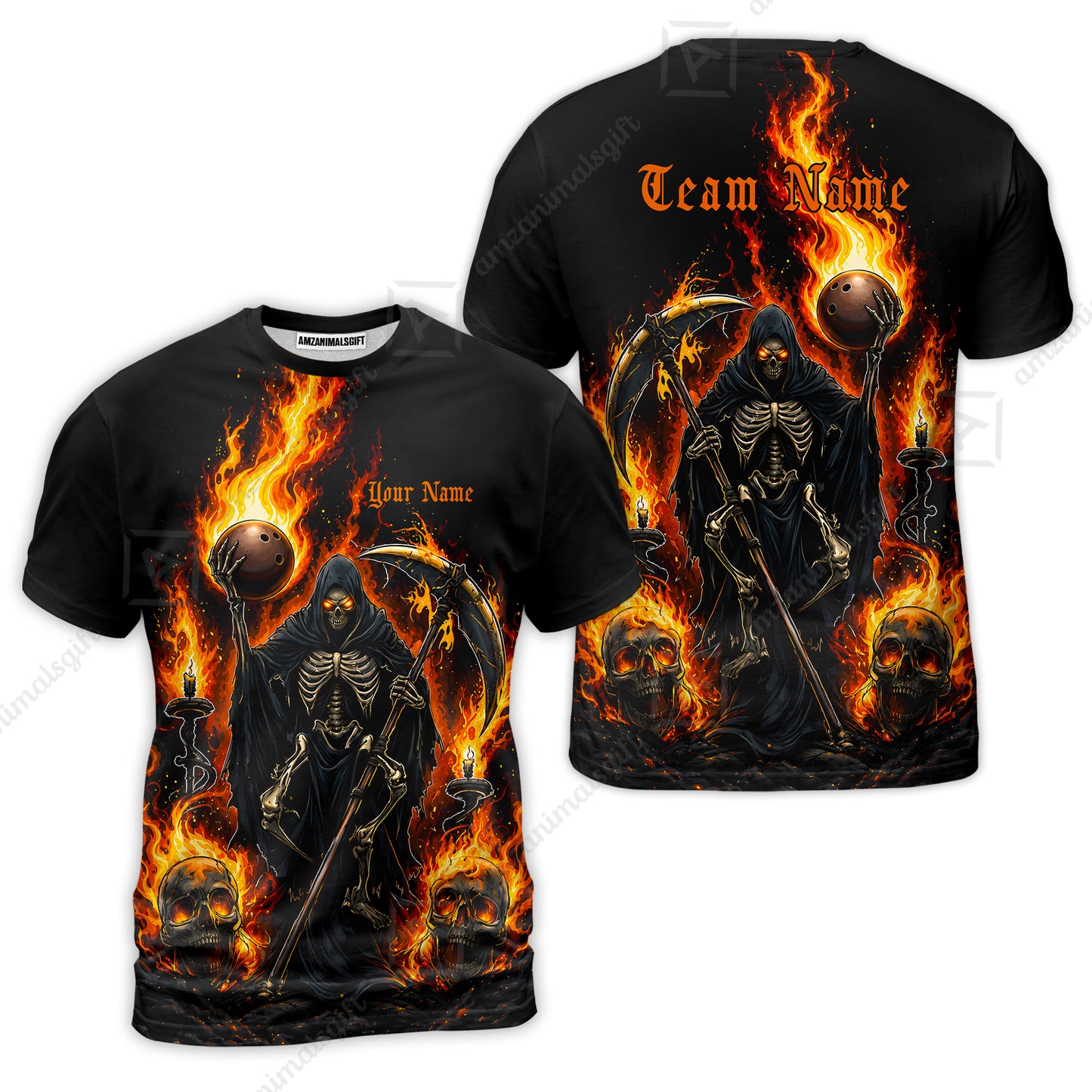Custom Bowling Jersey Polo Shirt, Hellfire Grim Reaper, Personalize Name and Team Name