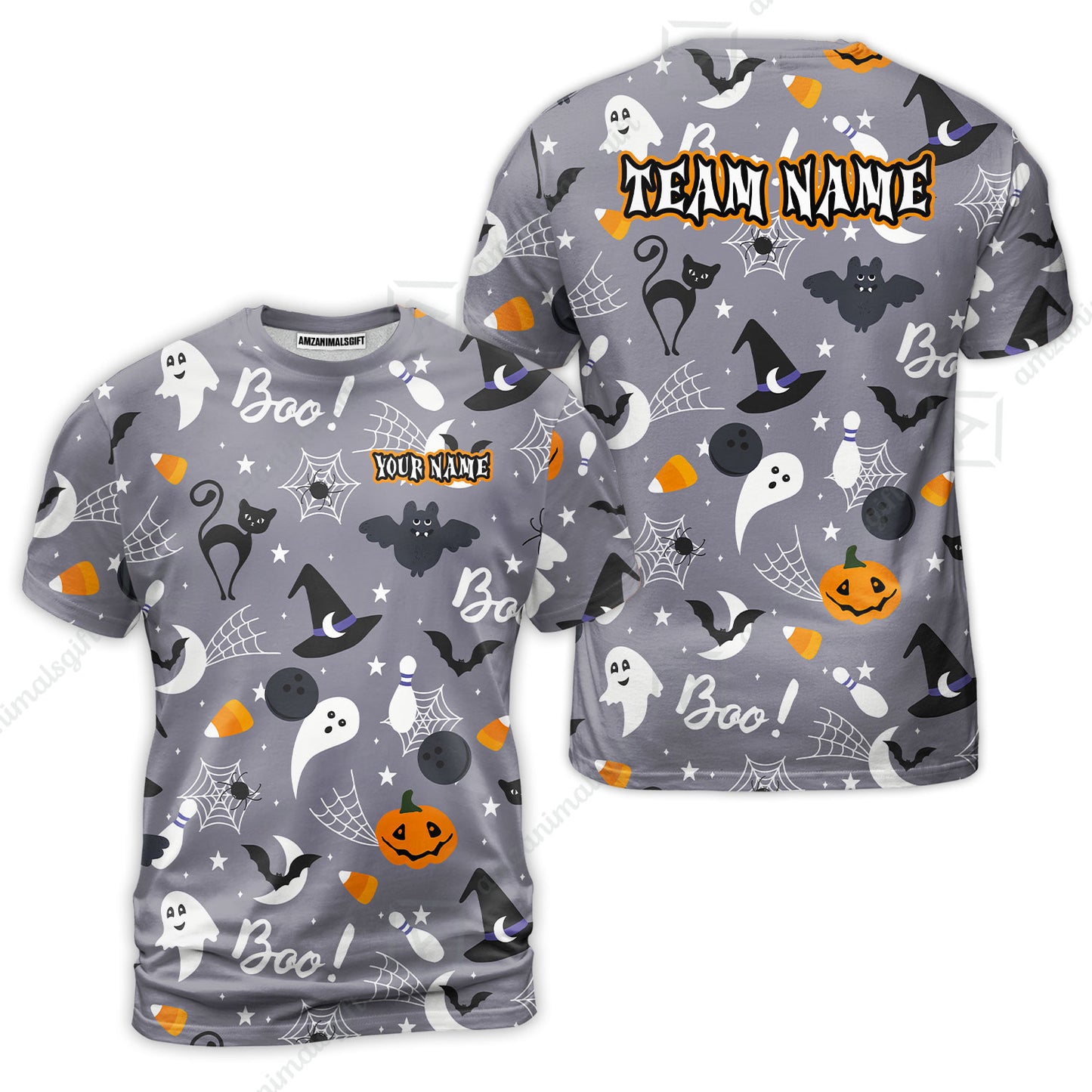 Customized Bowling Shirt, Halloween Pattern Bowling And Pin Boo Cat Ghost Bat Pumpkin, Personalized Polo Shirt For Players With Name & Team Name