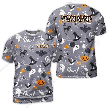 Customized Bowling Shirt, Halloween Pattern Bowling And Pin Boo Cat Ghost Bat Pumpkin, Personalized Polo Shirt For Players With Name & Team Name