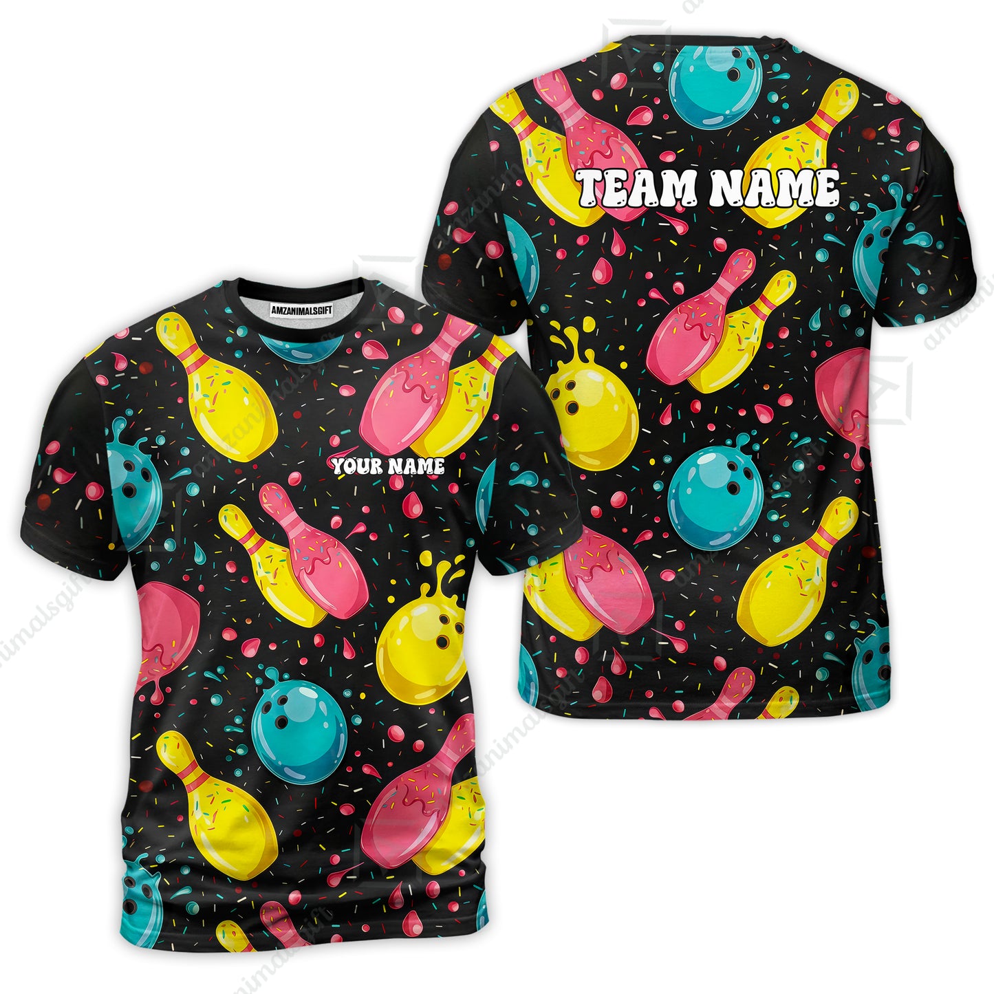 Customized Bowling Unisex Polo Shirt, Funny Colorful Donuts Bowling Pins and Ball, Personalized Name And Team Name