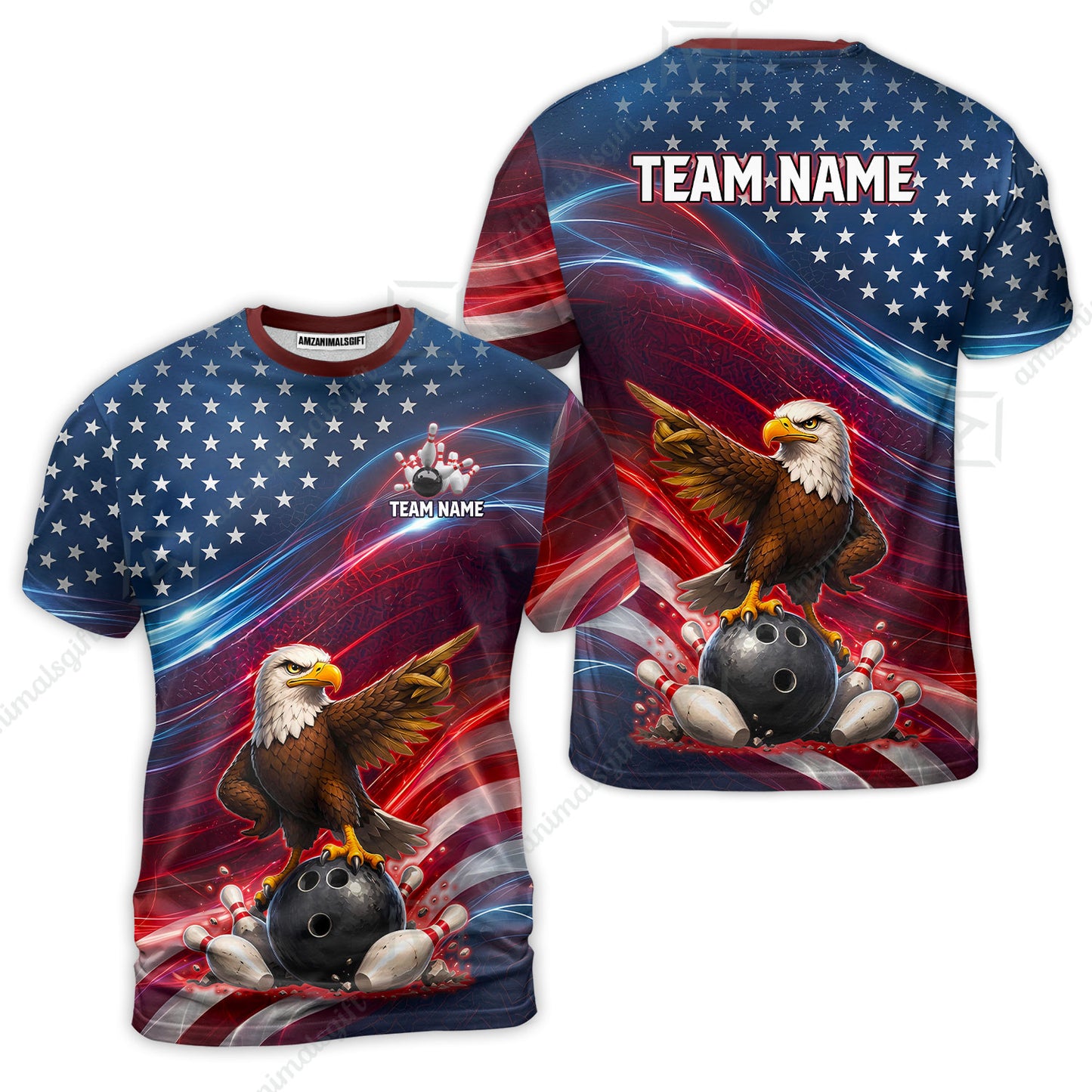 Custom Bowling Jersey Polo Shirt, Eagle Bowling Flag America Thunder Wave, Custom Bowling Jersey Team Shirt For Players With Name and Team Name