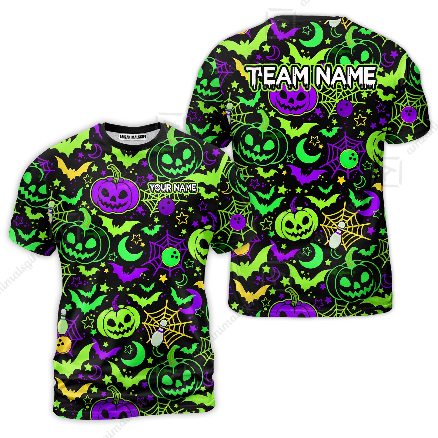Customized Bowling Shirt, Neon Halloween Pattern Bowling And Pin Pumpkins Spider Bat, Personalized Polo Shirt For Players With Name & Team Name