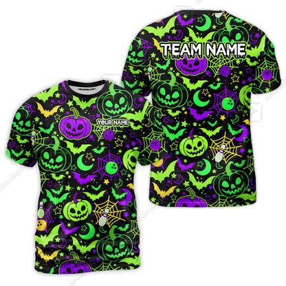 Customized Bowling Shirt, Neon Halloween Pattern Bowling And Pin Pumpkins Spider Bat, Personalized Polo Shirt For Players With Name & Team Name