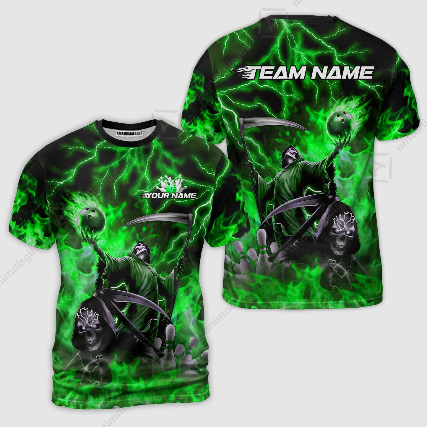 Custom Bowling Team Quarter-Zip Polo Shirt, Grim Reaper Skull With Flame Bowling Lightning Design for Bowlers, Personalized Shirt with Name and Team Name