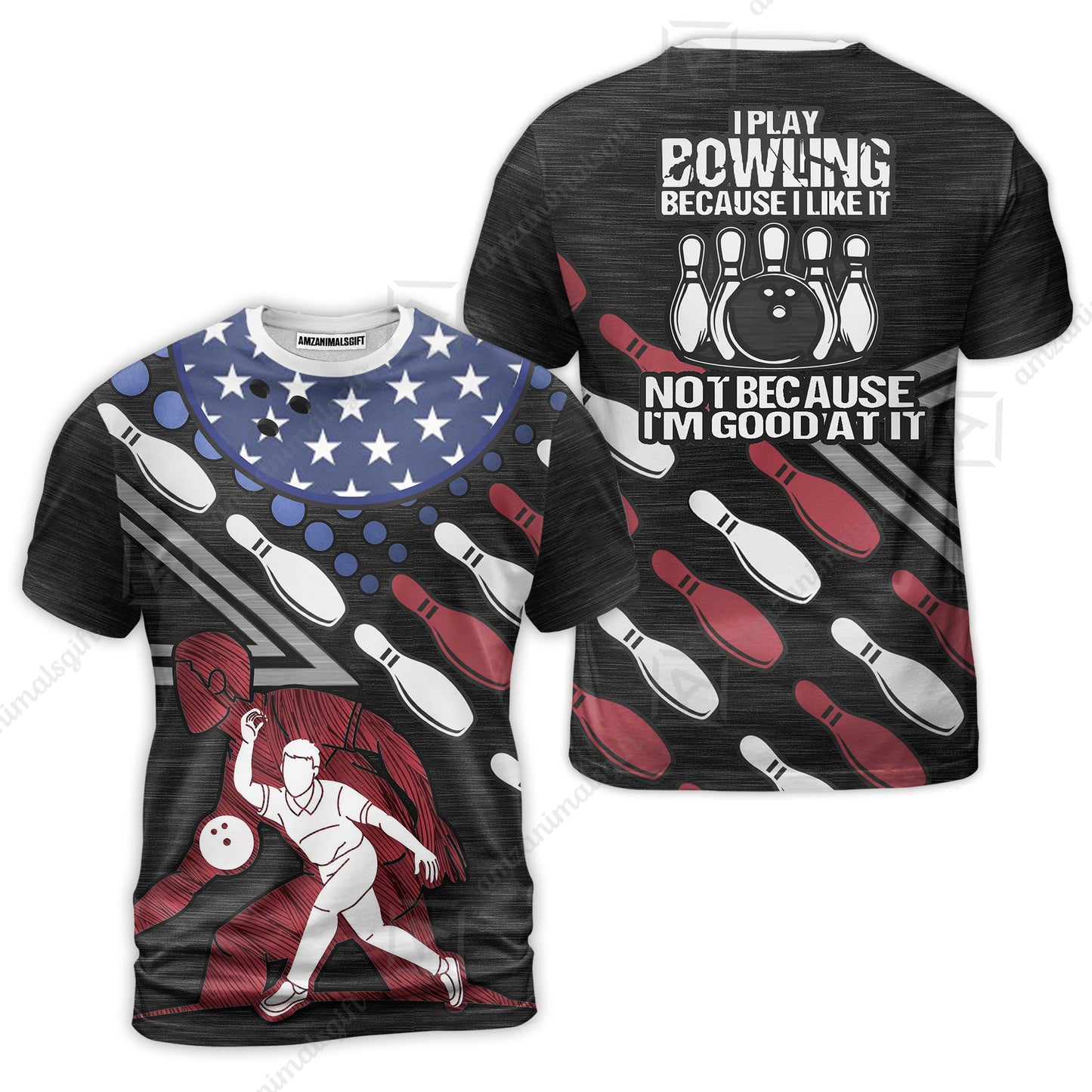Customized Bowling Polo Shirt - I Play Bowling Because I Like It , American Flag Bowling Team Jersey Polo Shirts - Bowling Team Uniforms Jerseys
