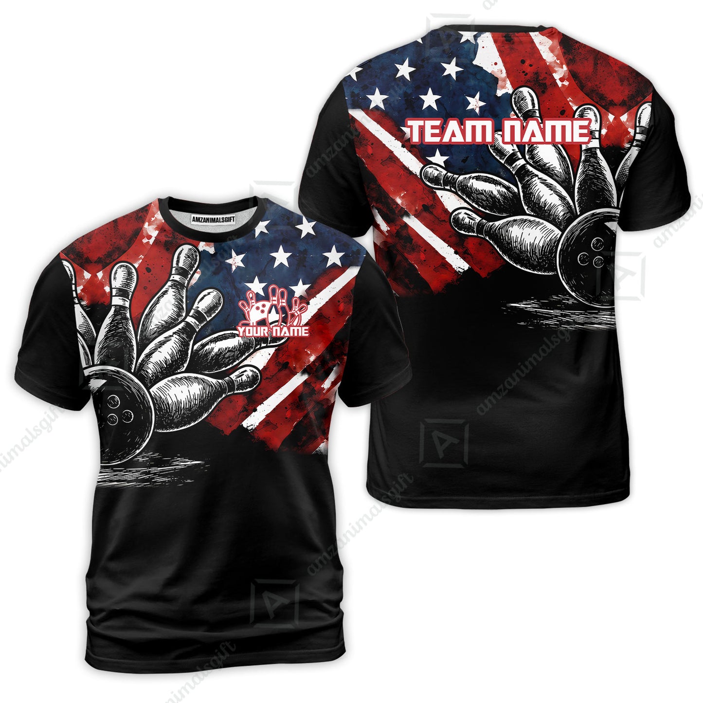 Custom Bowling Jersey Polo Shirt, American Flag and Bowling Pins Sketch, Custom Bowling Jersey Team Shirt For Players With Name and Team Name