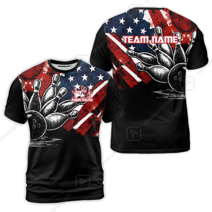 Custom Bowling Jersey Polo Shirt, American Flag and Bowling Pins Sketch, Custom Bowling Jersey Team Shirt For Players With Name and Team Name