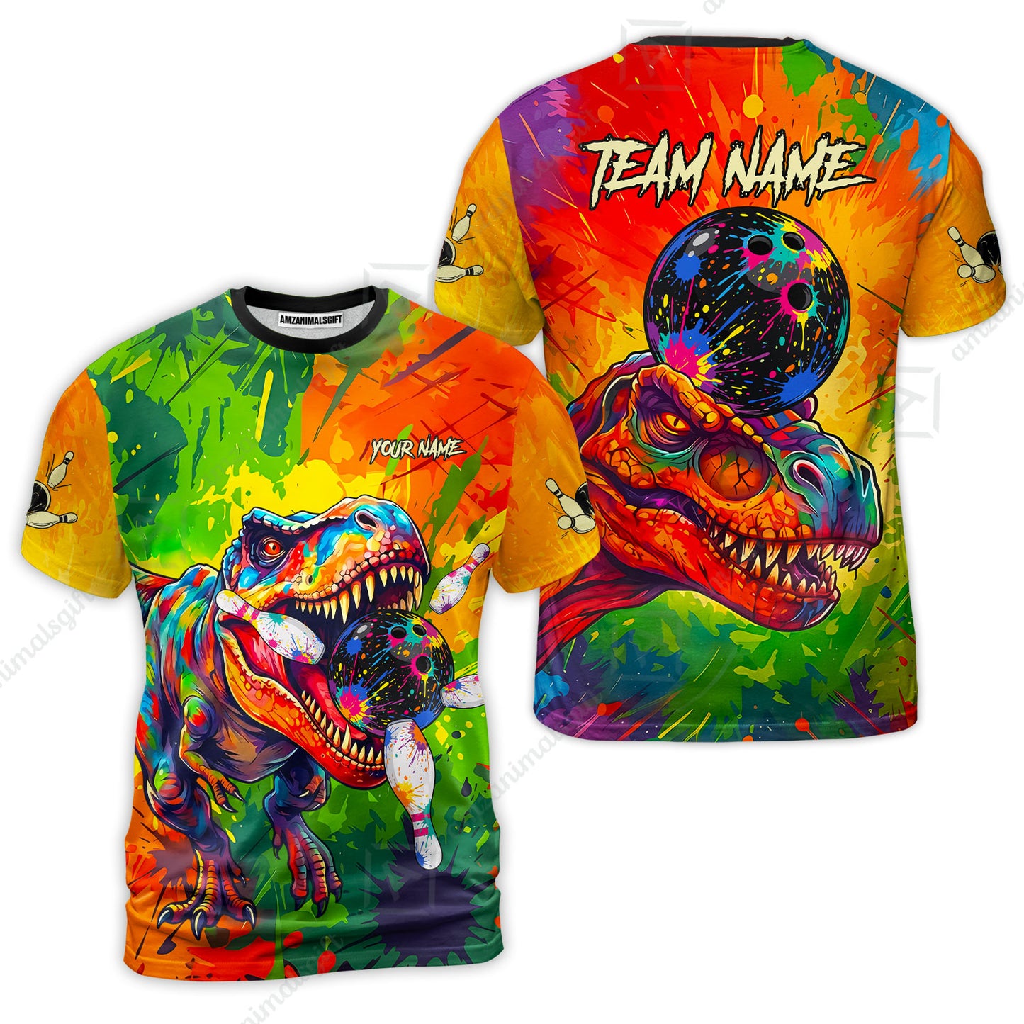 Custom Bowling Jersey Polo Shirt, Colorful Splatter T-Rex Dino, Custom Bowling Jersey Team Shirt For Players With Name and Team Name