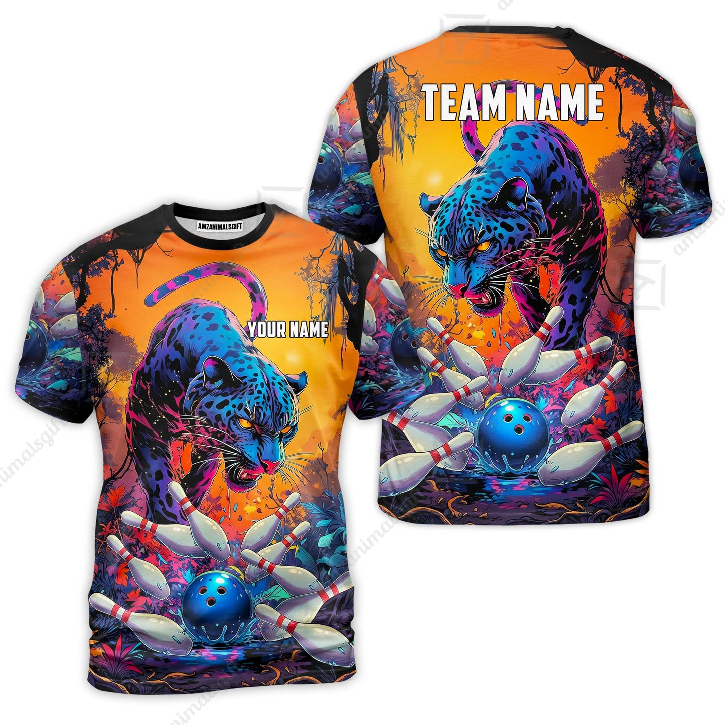 Custom Bowling Jersey Polo Shirt, Psychedelic Neon Jungle Jaguar, Custom Bowling Jersey Team Shirt For Players With Name and Team Name
