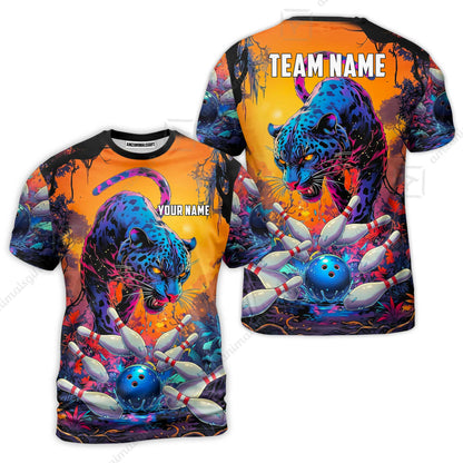 Custom Bowling Jersey Polo Shirt, Psychedelic Neon Jungle Jaguar, Custom Bowling Jersey Team Shirt For Players With Name and Team Name