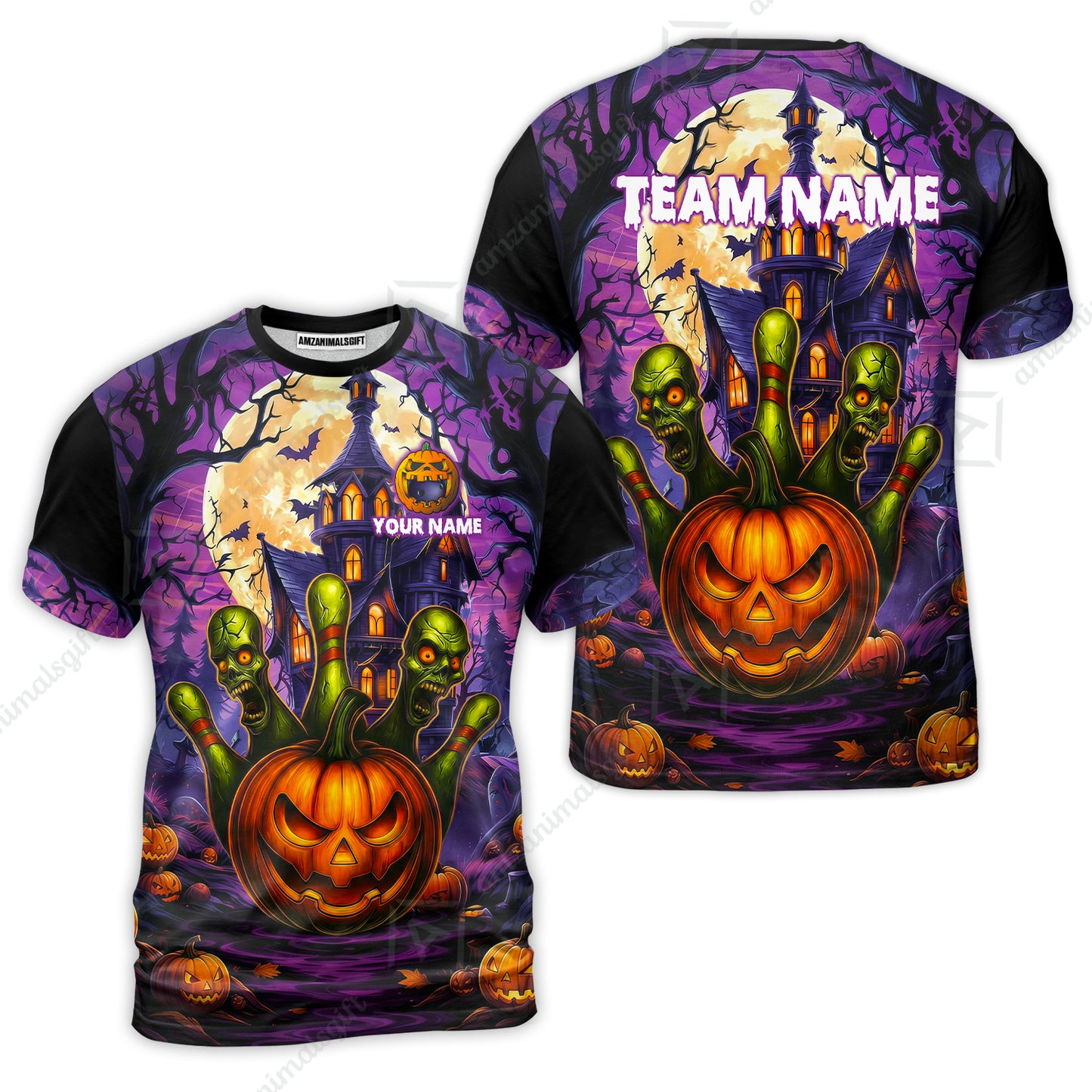 Custom Halloween Bowling Short Sleeve Men Polo Shirt, Halloween Pumpkin Zombie Pins Personalized Shirt with Name and Team Name, Custom Bowling Team Uniforms Jerseys