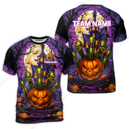 Custom Halloween Bowling Short Sleeve Men Polo Shirt, Halloween Pumpkin Zombie Pins Personalized Shirt with Name and Team Name, Custom Bowling Team Uniforms Jerseys