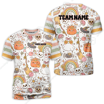 Customized Bowling Shirt, Mushroom Ghost Cute Rainbow Halloween Pattern Bowling, Personalized Polo Shirt For Players With Name & Team Name