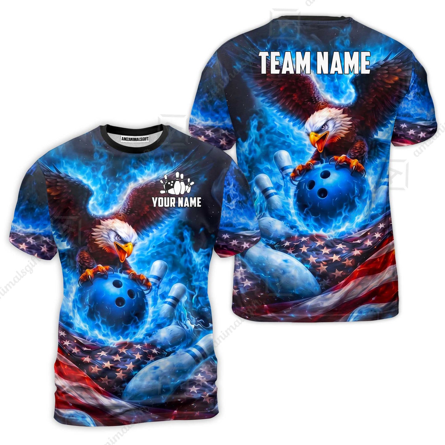 Custom Bowling Jersey Polo Shirt, Patriotic Blue Fire Eagle, Custom Bowling Jersey Team Shirt For Players With Name and Team Name