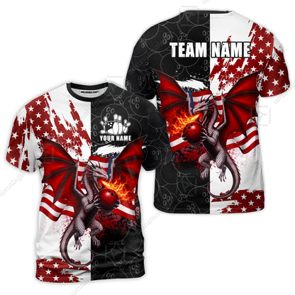 Custom Bowling Jersey Polo Shirt, Patriotic Fire Dragon Split Contrast, Custom Bowling Jersey Team Shirt For Players With Name and Team Name