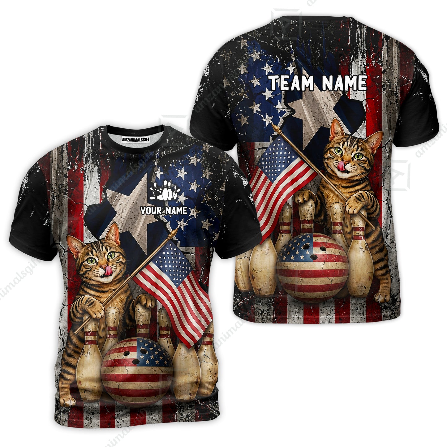 Custom Bowling Jersey Polo Shirt, American Flag and Alley Cats, Custom Bowling Jersey Team Shirt For Players With Name and Team Name