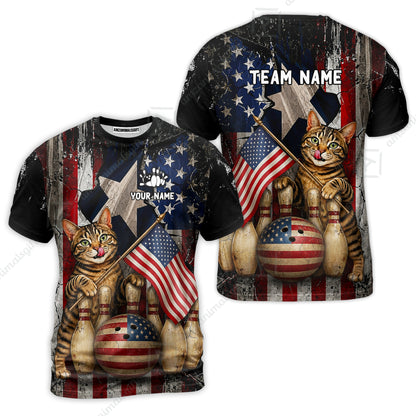 Custom Bowling Jersey Polo Shirt, American Flag and Alley Cats, Custom Bowling Jersey Team Shirt For Players With Name and Team Name