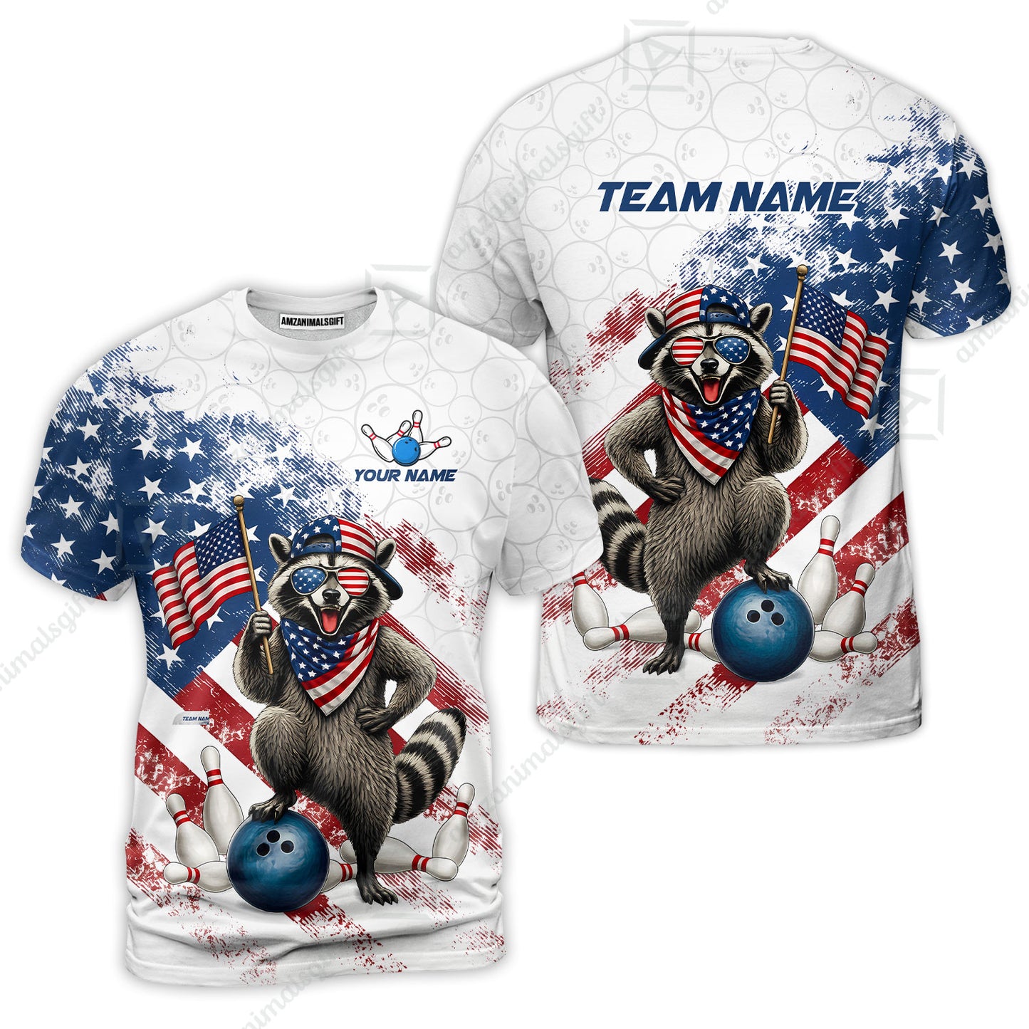 Custom Bowling Jersey Polo Shirt, Racoon America Flag Bowling Pattern, Personalize Name and Team Name
