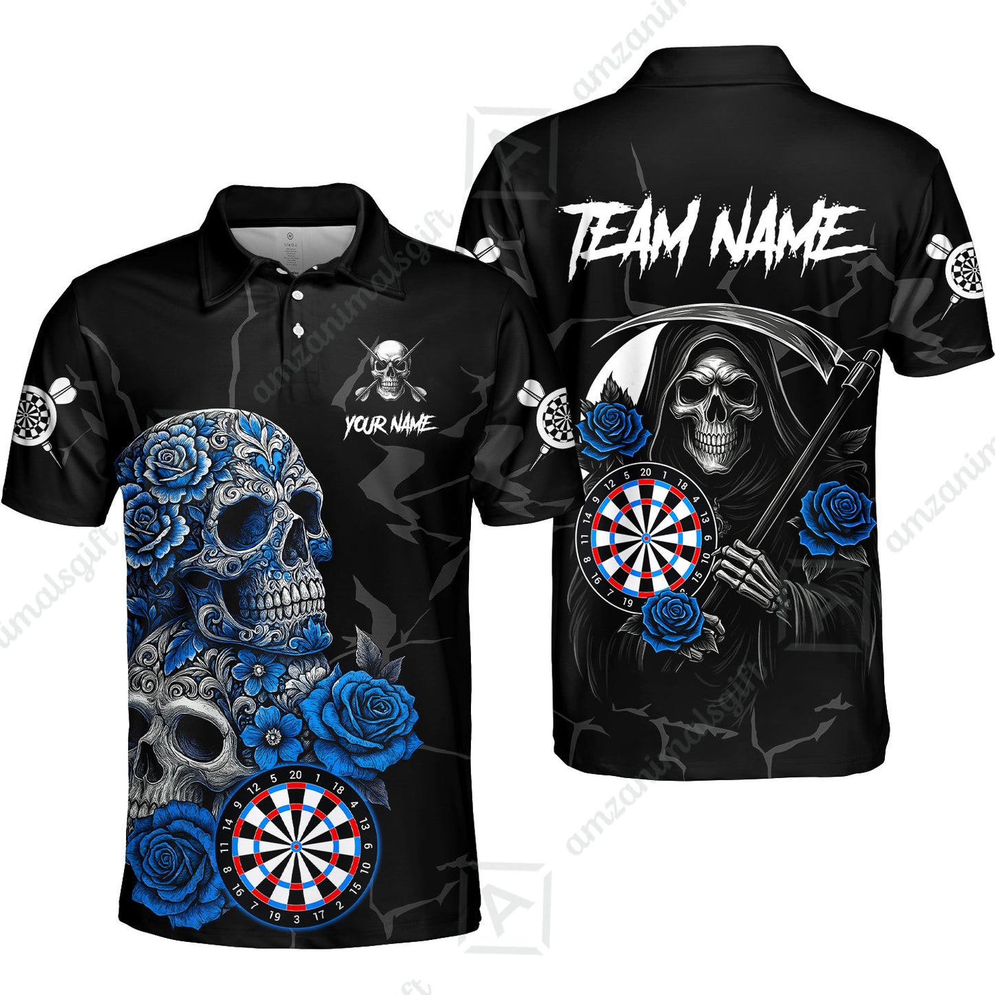 Customized Darts Polo Shirt, Darts Turquoise Skull Roses Dartboard Polo Shirt Team Style Jersey for Darts Players