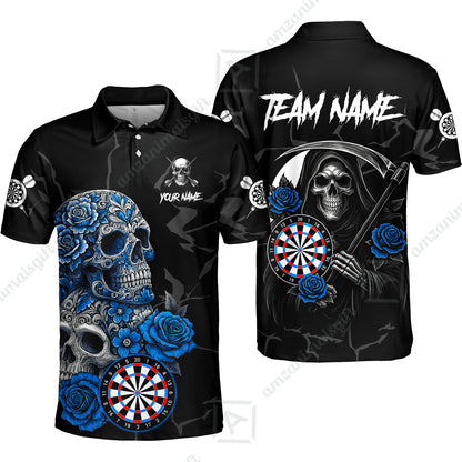 Customized Darts Polo Shirt, Darts Turquoise Skull Roses Dartboard Polo Shirt Team Style Jersey for Darts Players