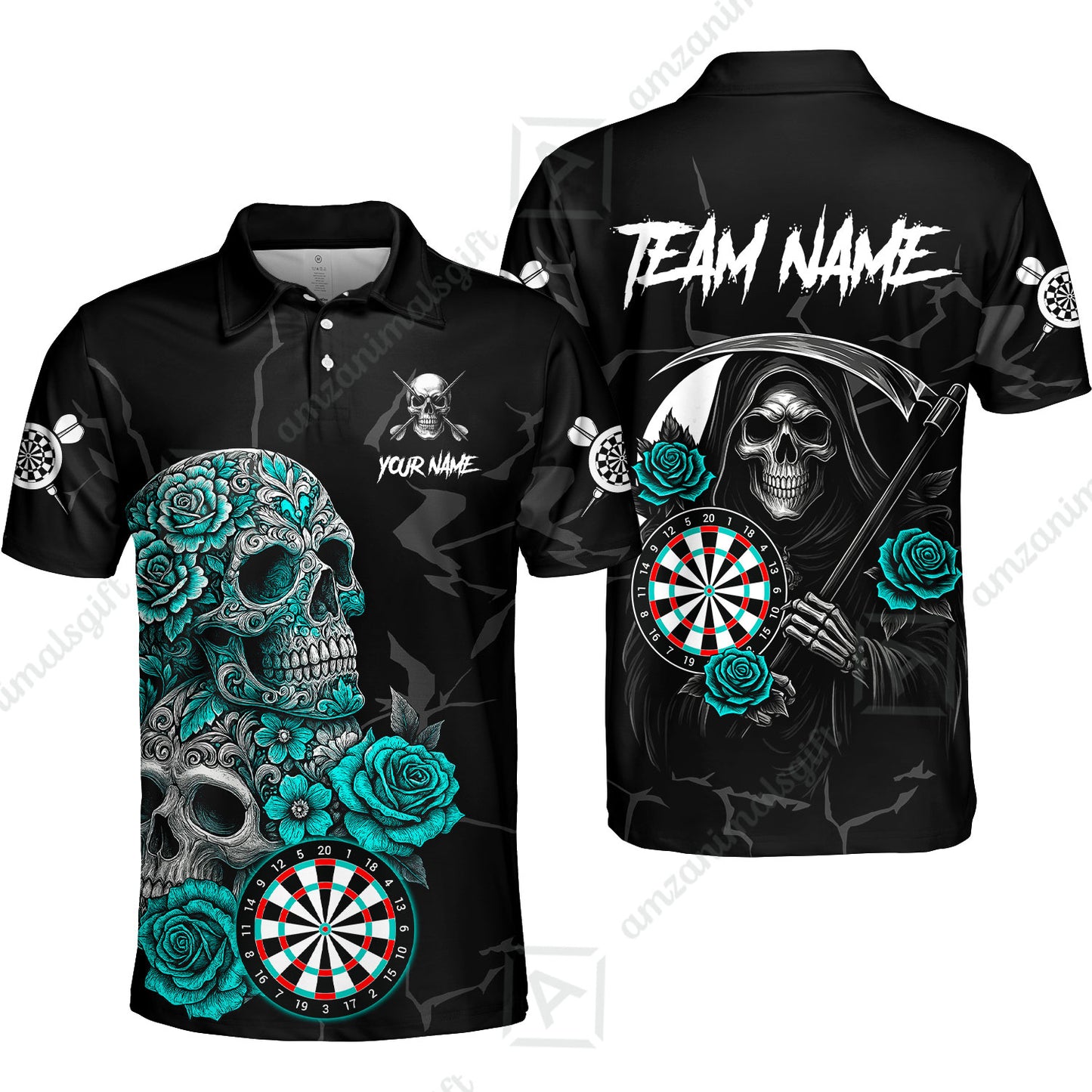 Customized Darts Polo Shirt, Darts Turquoise Skull Roses Dartboard Polo Shirt Team Style Jersey for Darts Players