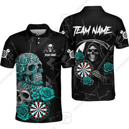 Customized Darts Polo Shirt, Darts Turquoise Skull Roses Dartboard Polo Shirt Team Style Jersey for Darts Players