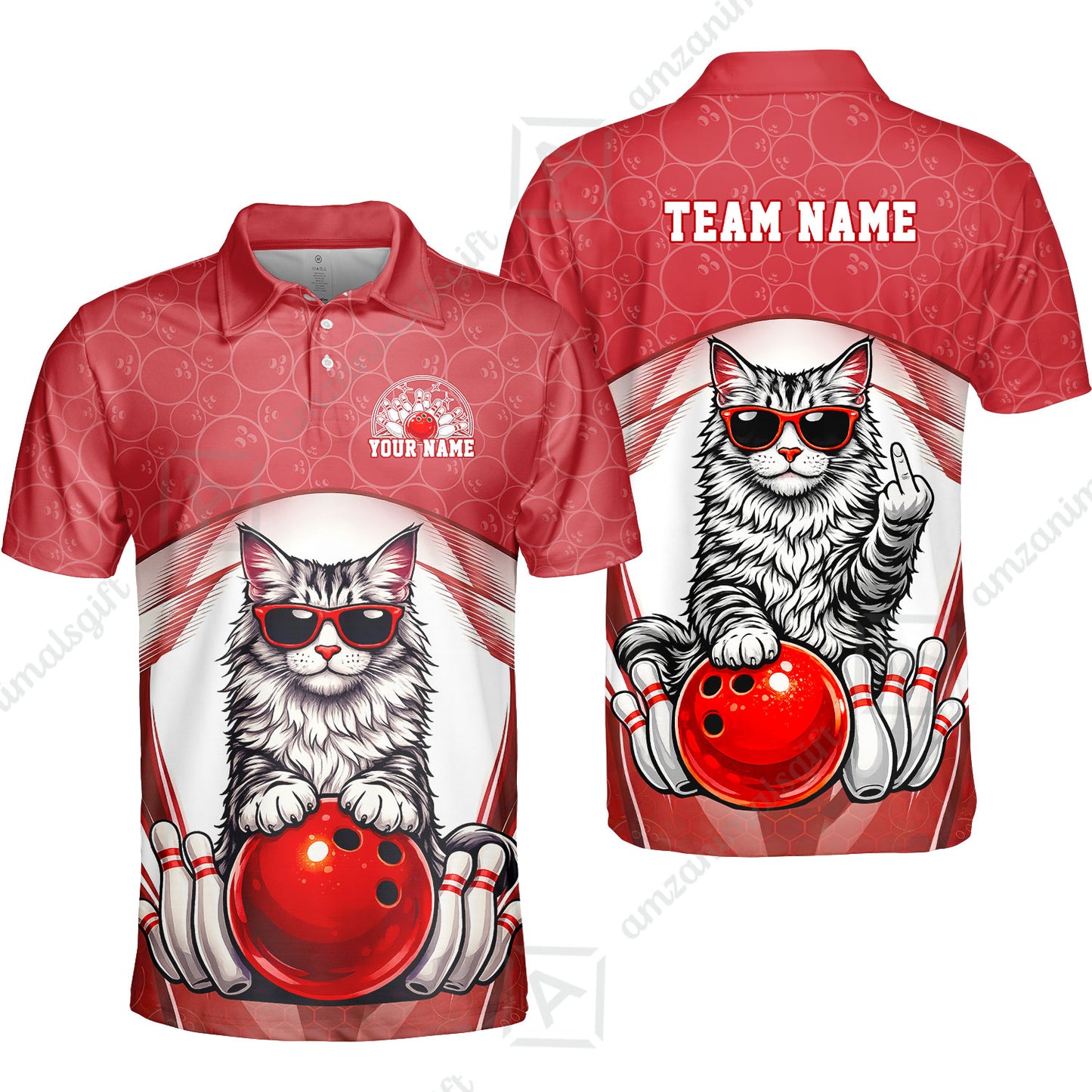 Custom Bowling Polo Shirt, Funny Cat with Sunglasses Bowling Custom Bowling Polo Team Shirt For Players With Name & Team Name