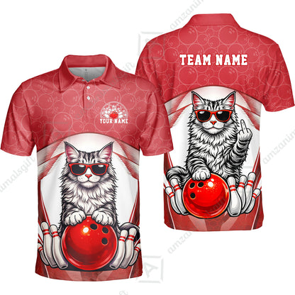 Custom Bowling Polo Shirt, Funny Cat with Sunglasses Bowling Custom Bowling Polo Team Shirt For Players With Name & Team Name
