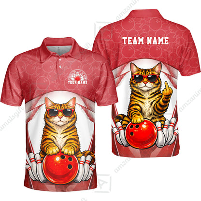 Custom Bowling Polo Shirt, Funny Cat with Sunglasses Bowling Custom Bowling Polo Team Shirt For Players With Name & Team Name
