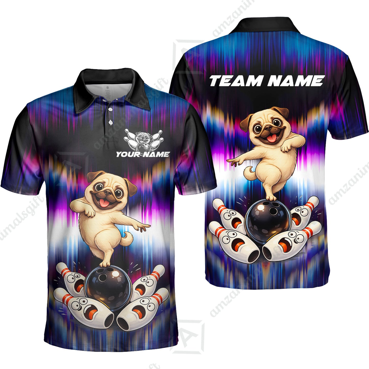 Custom Bowling Jersey Polo Shirt, Neon Cosmic Pug Bowling Custom Bowling Jersey Team Shirt For Players With Name & Team Name