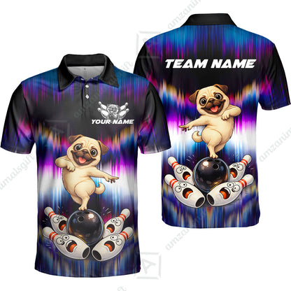 Custom Bowling Jersey Polo Shirt, Neon Cosmic Pug Bowling Custom Bowling Jersey Team Shirt For Players With Name & Team Name