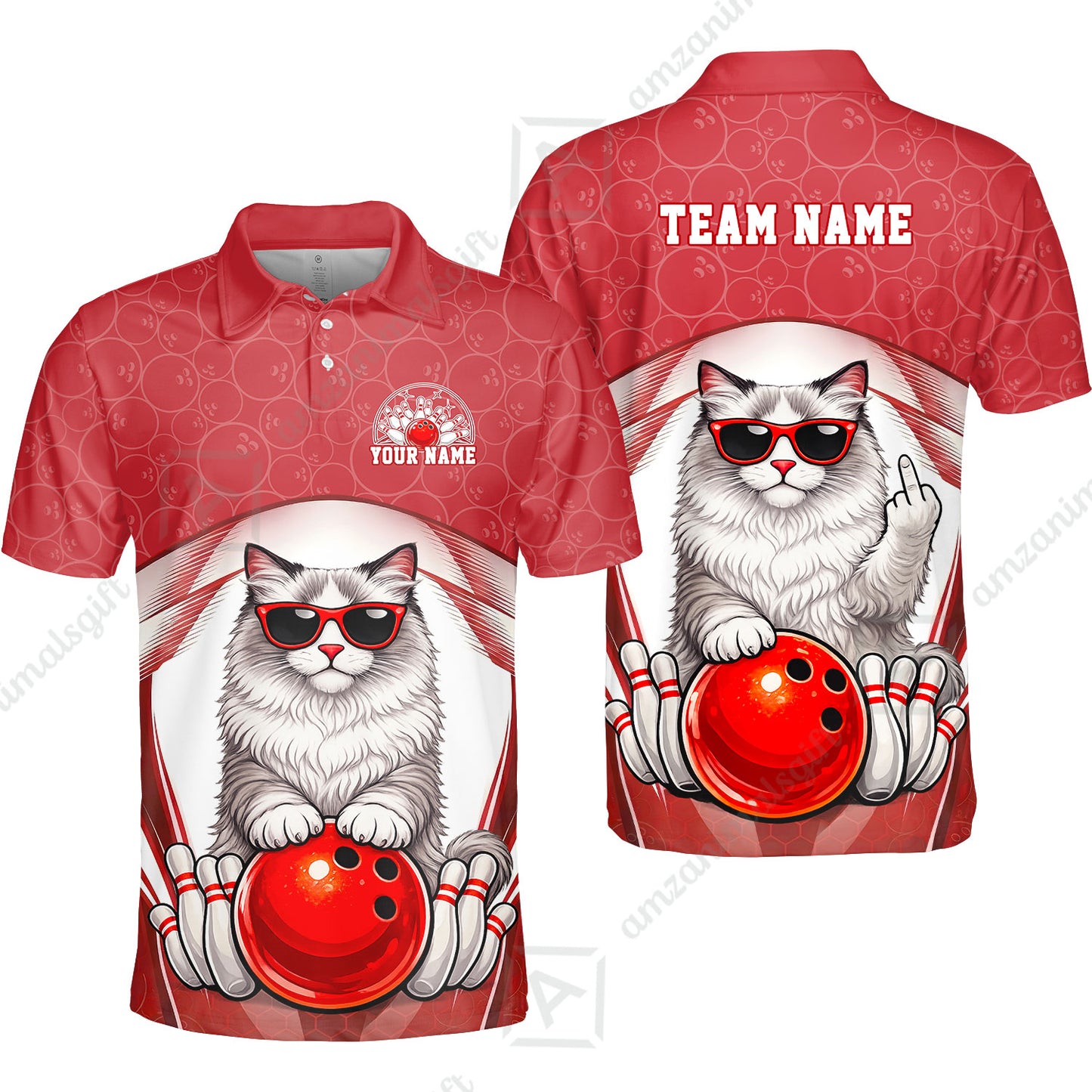 Custom Bowling Polo Shirt, Funny Cat with Sunglasses Bowling Custom Bowling Polo Team Shirt For Players With Name & Team Name