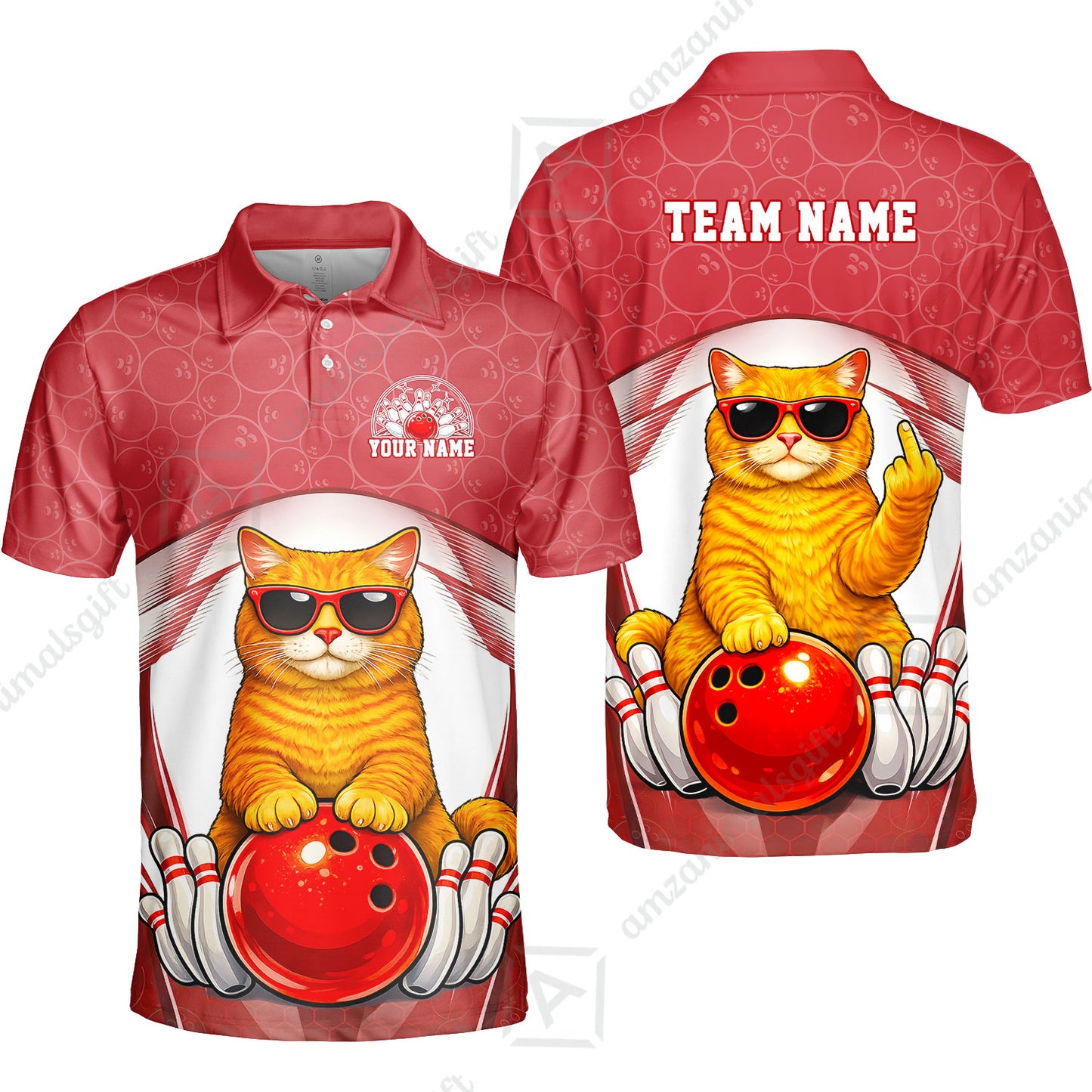 Custom Bowling Polo Shirt, Funny Cat with Sunglasses Bowling Custom Bowling Polo Team Shirt For Players With Name & Team Name