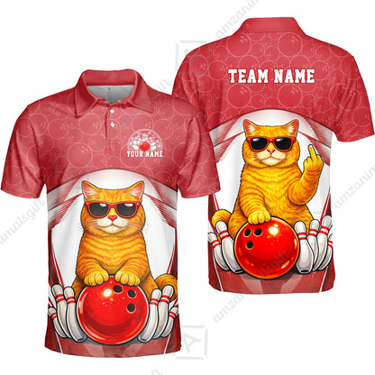 Custom Bowling Polo Shirt, Funny Cat with Sunglasses Bowling Custom Bowling Polo Team Shirt For Players With Name & Team Name