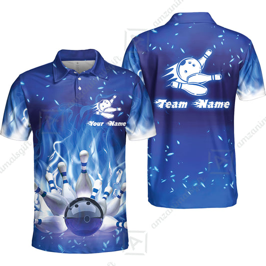 Bowling Men Polo Shirt Custom Name - Bowling On Blue Fire Personalized Bowling Polo Shirt