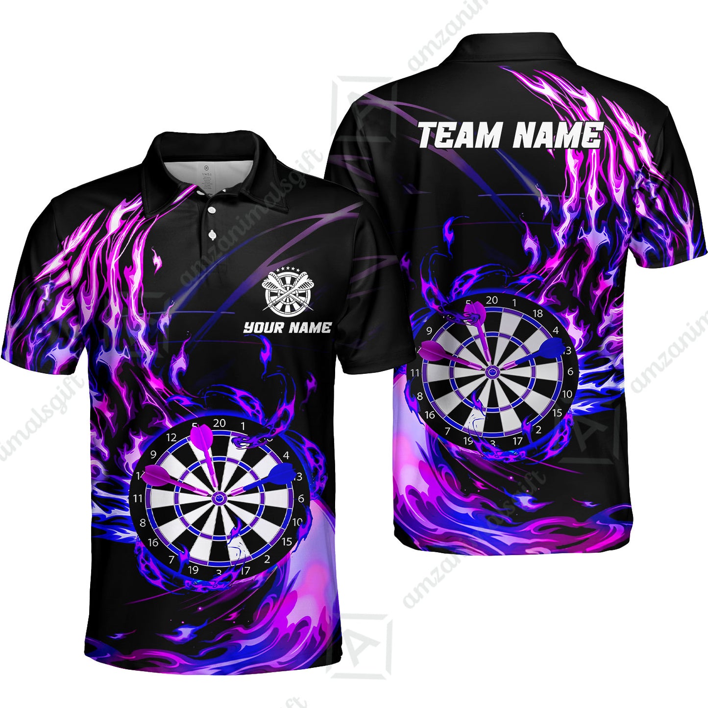 Personalized Darts Hawaiian Shirt - Custom Name & Team Name Darts Purple Fire Polo Shirt For Women, Darts Team, Darts Lover