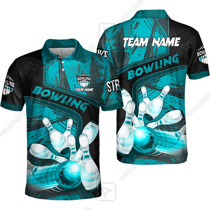 Custom Bowling Team Quater-Zip Polo Shirts, Bowling Uniforms Jerseys Brush Patterns, Multi Colors Personalized Name And Team Name