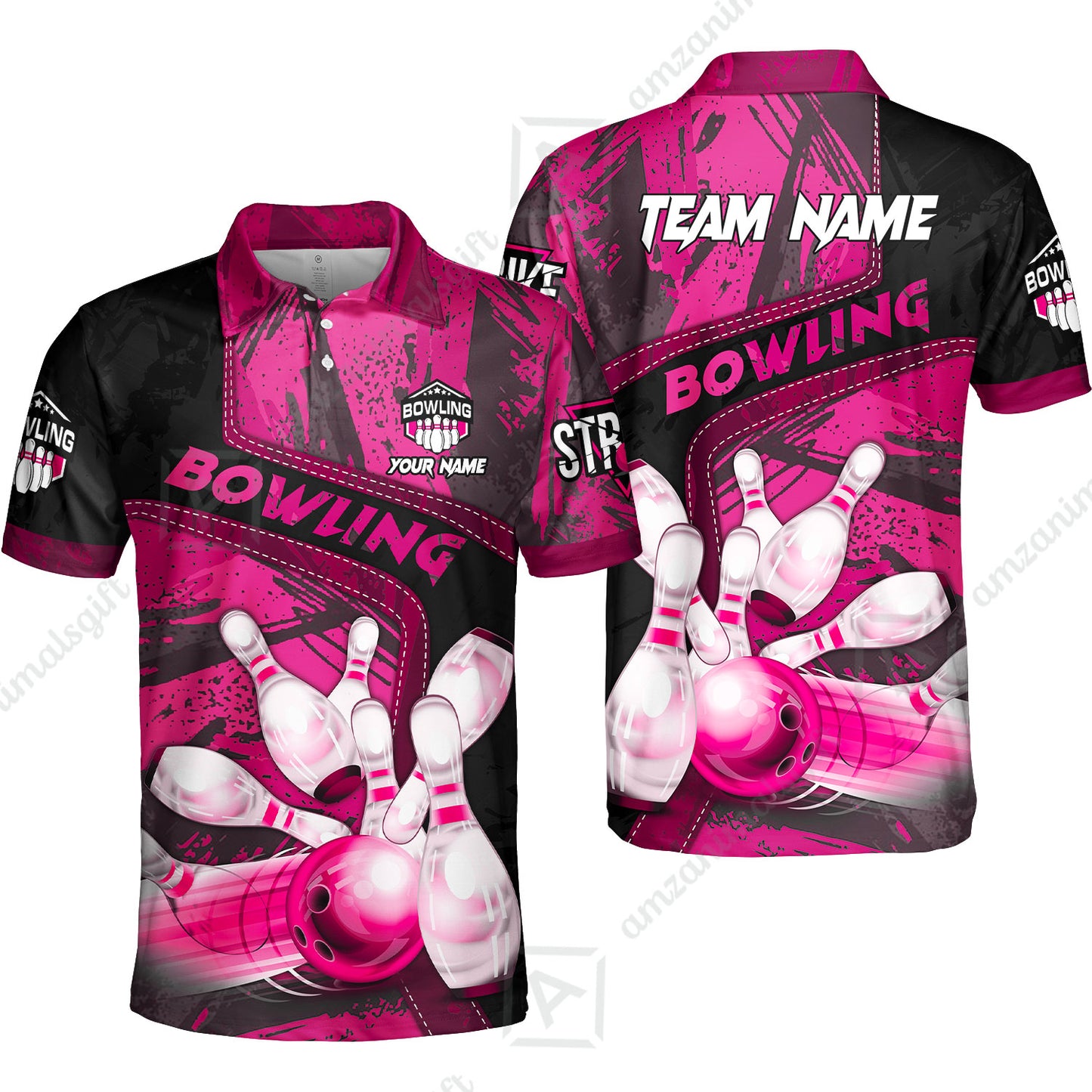 Custom Bowling Team Quater-Zip Polo Shirts, Bowling Uniforms Jerseys Brush Patterns, Multi Colors Personalized Name And Team Name