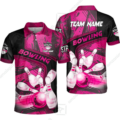 Custom Bowling Team Quater-Zip Polo Shirts, Bowling Uniforms Jerseys Brush Patterns, Multi Colors Personalized Name And Team Name
