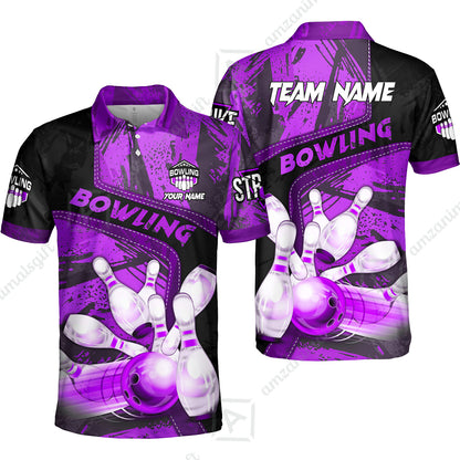Custom Bowling Team Quater-Zip Polo Shirts, Bowling Uniforms Jerseys Brush Patterns, Multi Colors Personalized Name And Team Name
