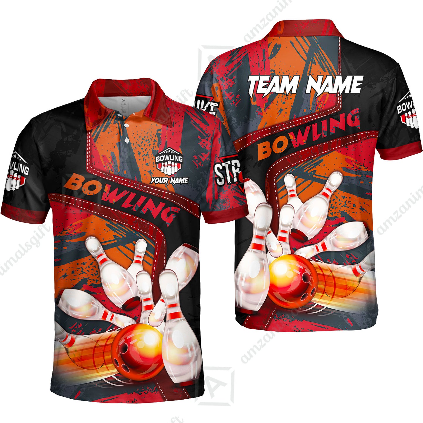 Custom Bowling Team Quater-Zip Polo Shirts, Bowling Uniforms Jerseys Brush Patterns, Multi Colors Personalized Name And Team Name