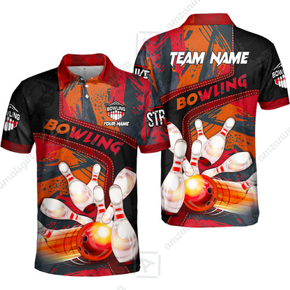 Custom Bowling Team Quater-Zip Polo Shirts, Bowling Uniforms Jerseys Brush Patterns, Multi Colors Personalized Name And Team Name
