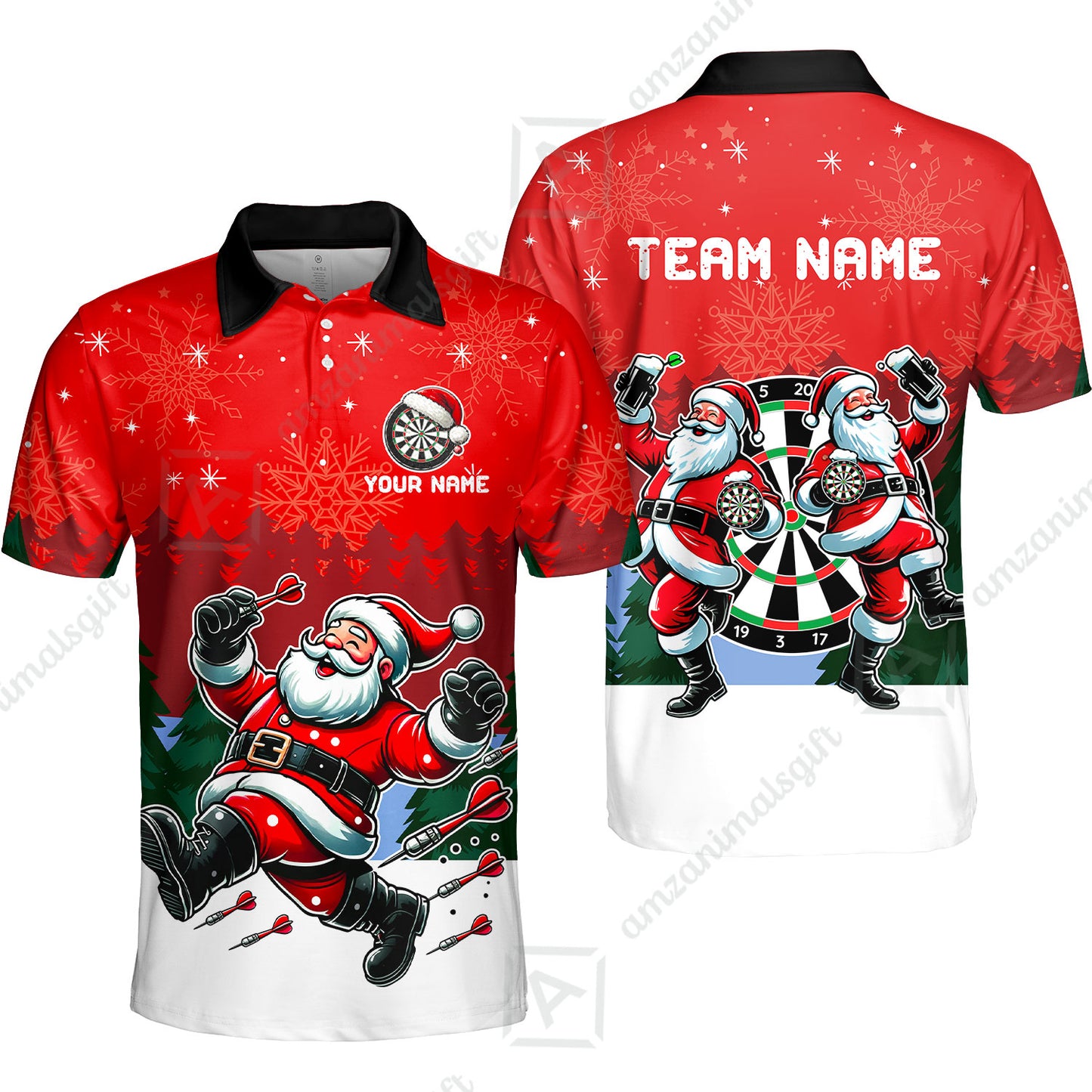 Custom Funny Santa Darts Team Unisex Polo Shirts, Darts uniforms Funny Santa Personalized Name And Team Name