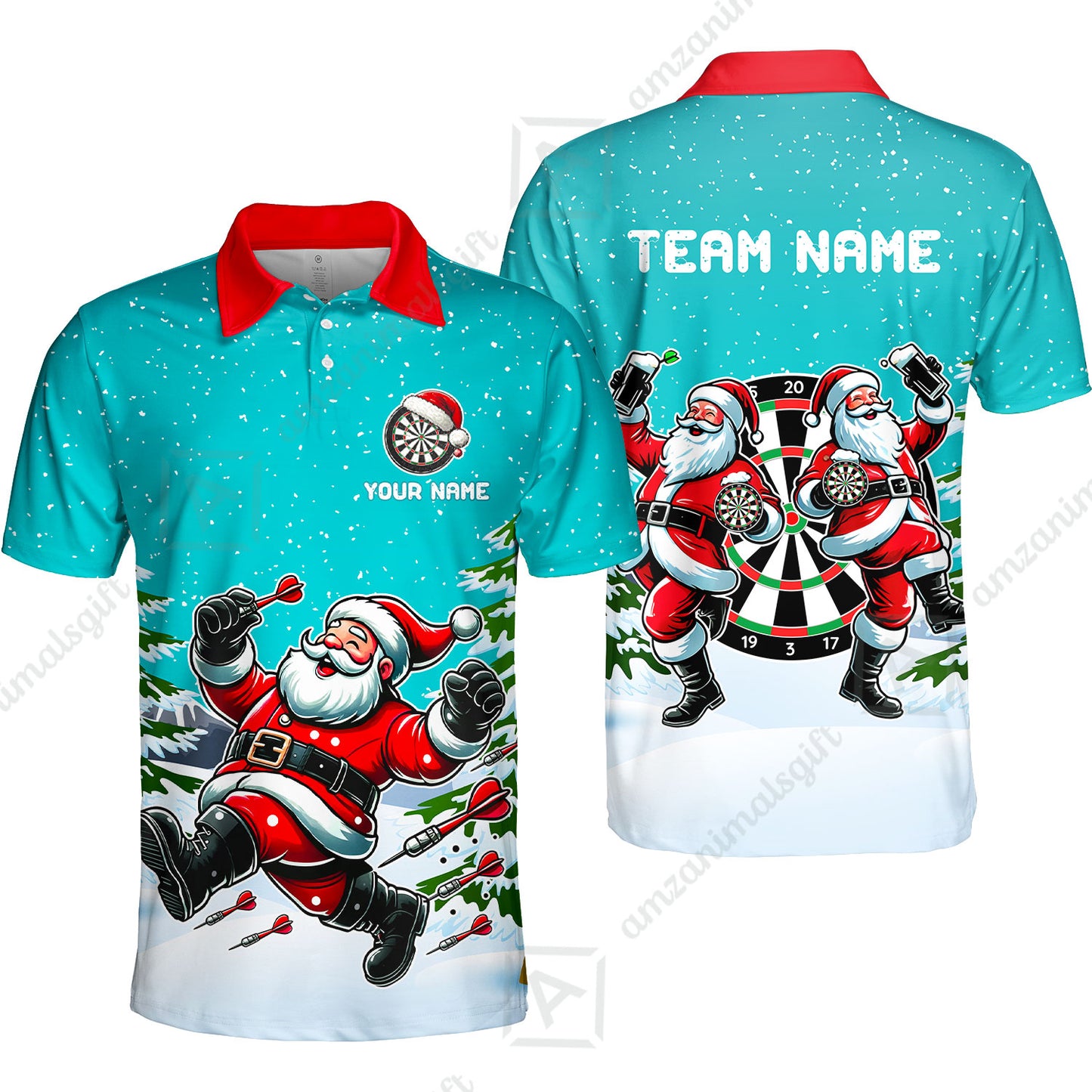Custom Funny Santa Darts Team Unisex Polo Shirts, Darts uniforms Funny Santa Personalized Name And Team Name