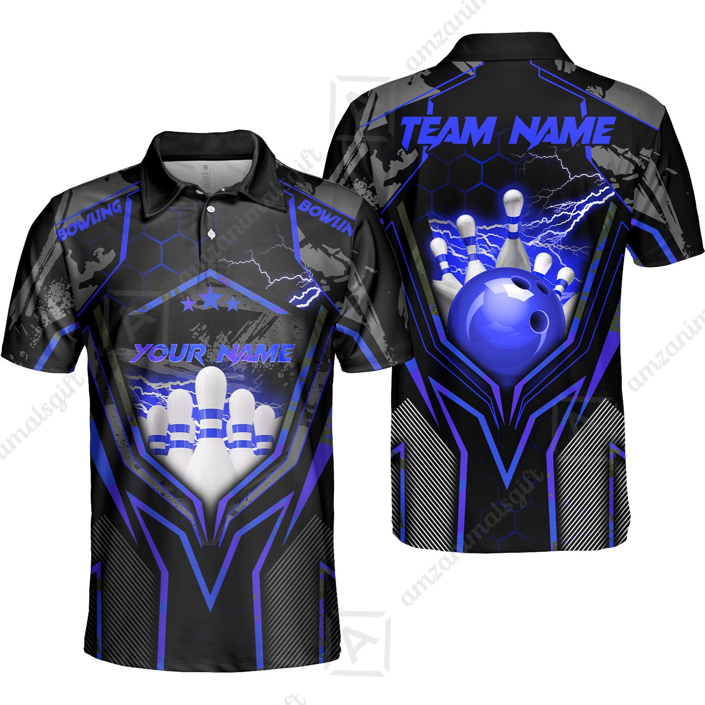 Customized Bowling Jersey, Bowling And Pins Abstract Grunge Texture X Multicolor Option Customized Name And Team Name Zipper Polo Jerseys Shirts