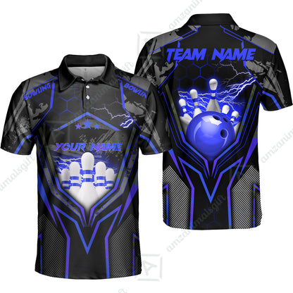 Customized Bowling Jersey, Bowling And Pins Abstract Grunge Texture X Multicolor Option Customized Name And Team Name Zipper Polo Jerseys Shirts