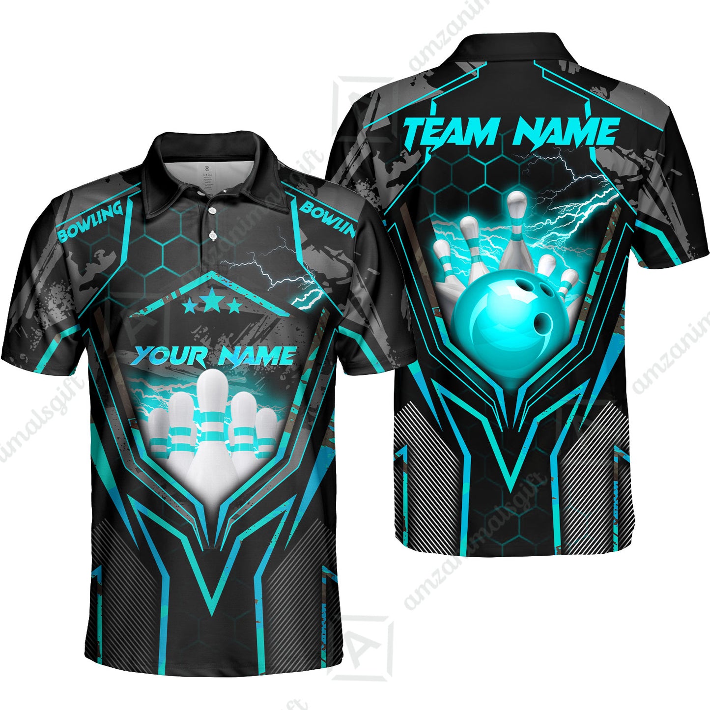 Customized Bowling Jersey, Bowling And Pins Abstract Grunge Texture X Multicolor Option Customized Name And Team Name Zipper Polo Jerseys Shirts