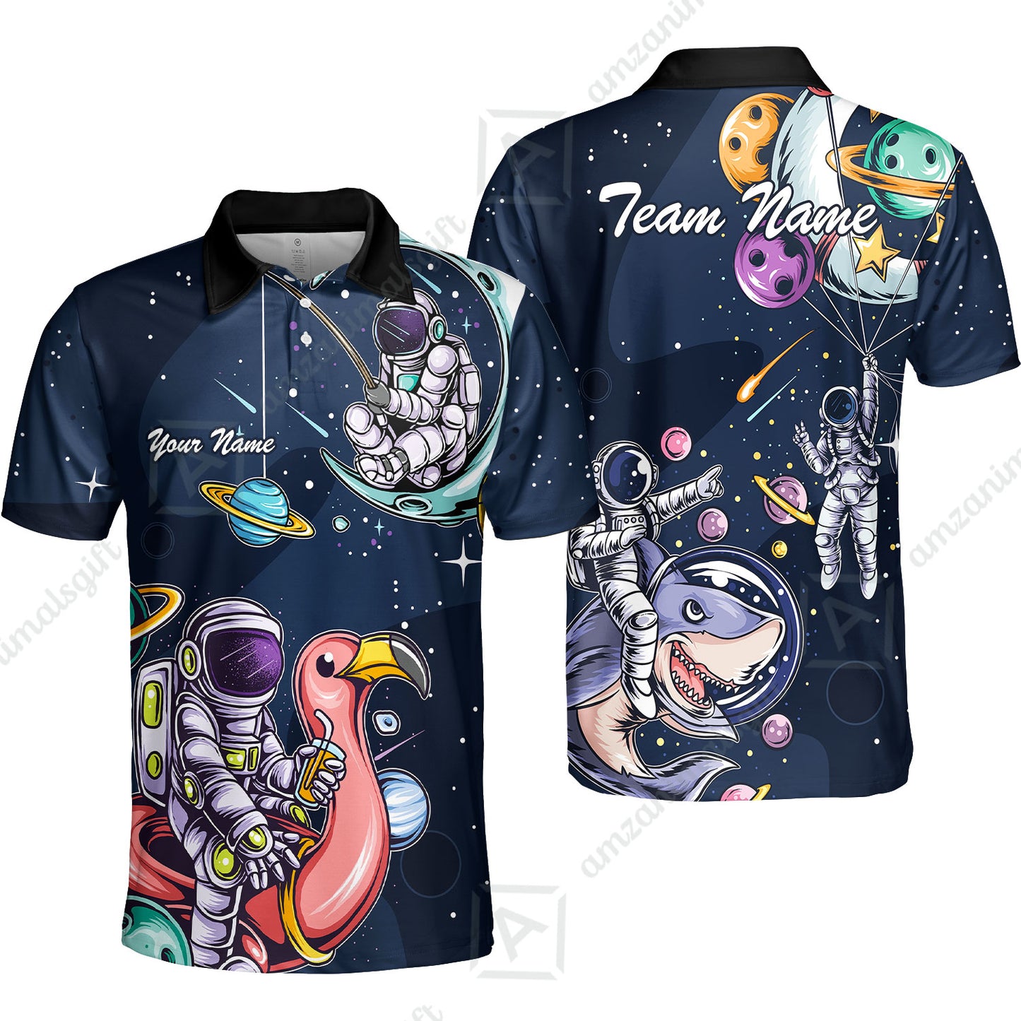 Customized Bowling Unisex Polo Shirt, Galaxy Astronaut, Bowling Uniforms, Personalized Name And Team Name