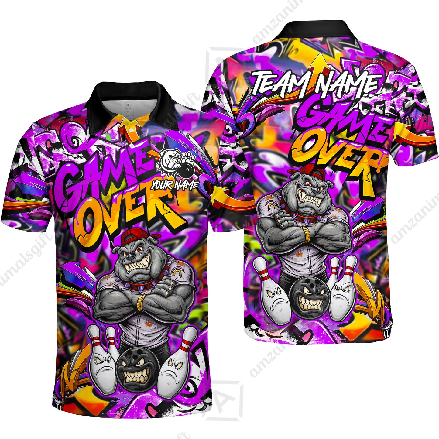 Customized Bowling Unisex Polo Shirt, Cool BullDog With Angry Bowling Game Over - Personalized Name And Team Name